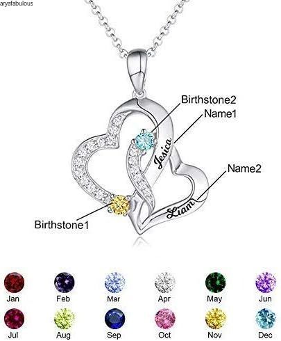 Aryafabulous Personalized Birthstone Heart Necklace - Engraved Silver Love ペンダントパーソナライズ バースストーン ハート ネックレス - 刻印入りシルバー ラブペンダント
