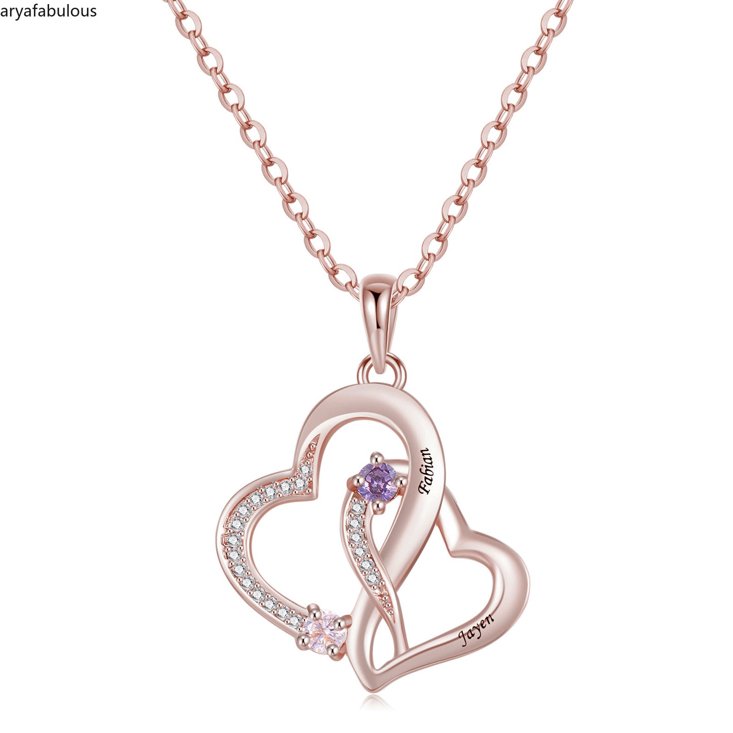 Aryafabulous Personalized Birthstone Heart Necklace - Engraved Silver Love ペンダントパーソナライズ バースストーン ハート ネックレス - 刻印入りシルバー ラブペンダント