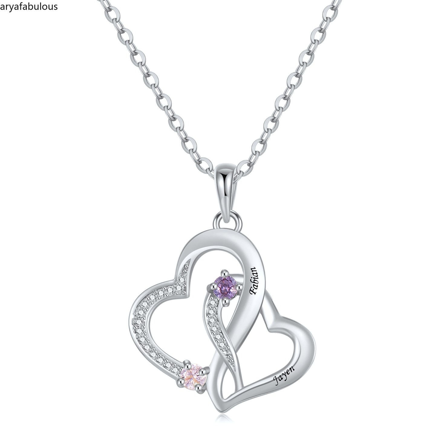 Aryafabulous Personalized Birthstone Heart Necklace - Engraved Silver Love ペンダントパーソナライズ バースストーン ハート ネックレス - 刻印入りシルバー ラブペンダント
