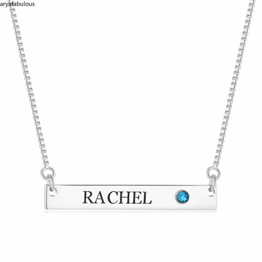 Personalized Silver Bar Necklace with Birthstone -JWN20