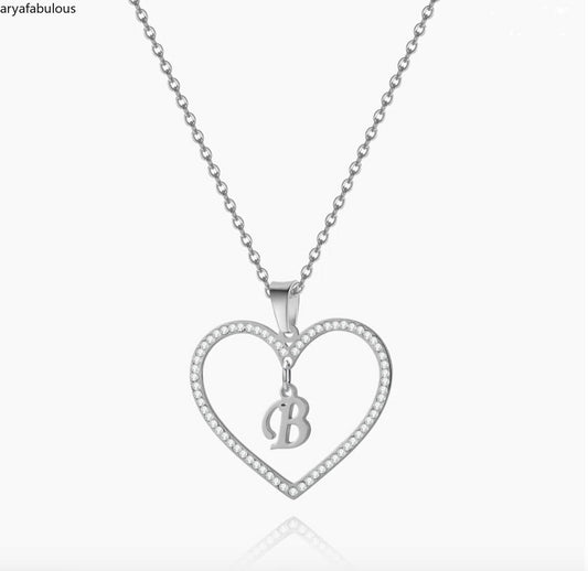 Personalized Initial Necklace with CZ Heart Charm - Elegant Silver-JWN9