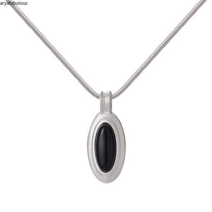 Elegant Sterling Silver Necklace with Black Obsidian Oval Pendant-JWN40