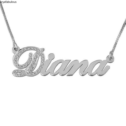 925 Sterling Silver  Name Pendant with Cubic Zirconia Personalized Necklace-JWN24