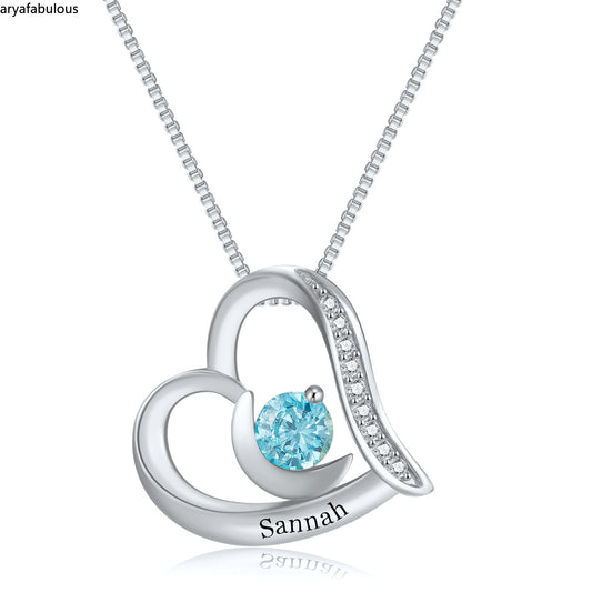 Personalized Heart Necklace with Birthstone - Single Name Pendant-JWN18