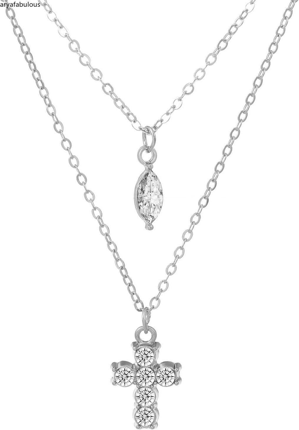 Layered Teardrop and Cross Pendant Necklace in Sterling Silver-JWN38