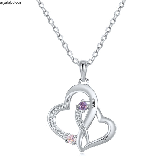 Engraved Heart Necklace with Custom Birthstone - Sterling Silver Love Pendant-JWN17