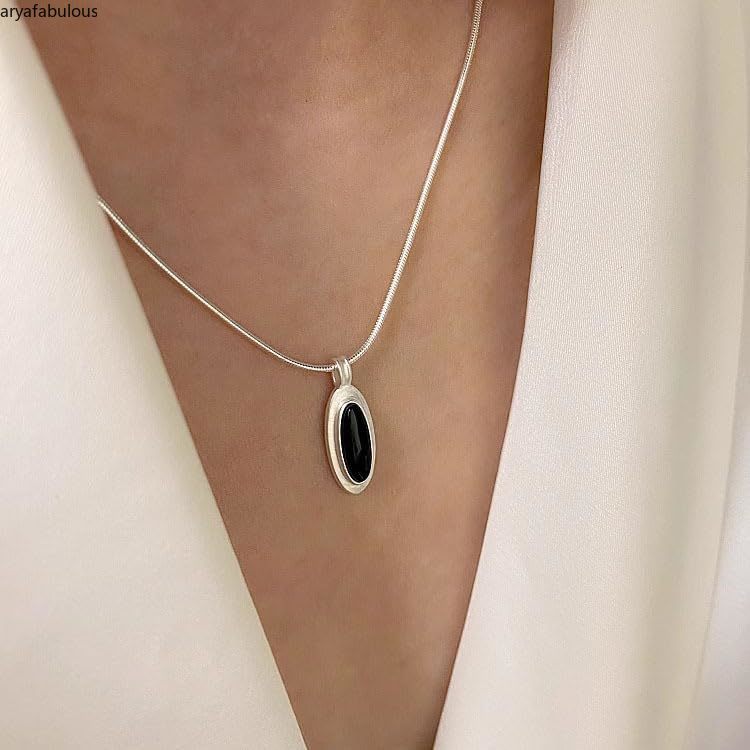 Elegant Sterling Silver Necklace with Black Obsidian Oval Pendant-JWN40